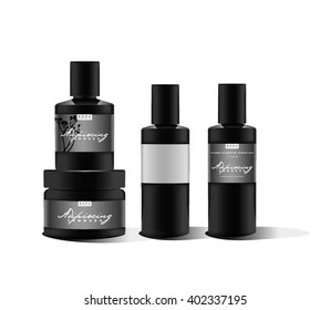 Realistic black bottle. Mock up. Cosmetic vial, flask, flacon. Container for perfume. Medical bank. Container for cream, powder or gel. Label, sticker