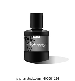 Realistic black bottle. Mock up. Cosmetic vial, flask, flacon. Container for perfume. Medical bank. Cosmetic dropper-bottle for serum. Label, sticker