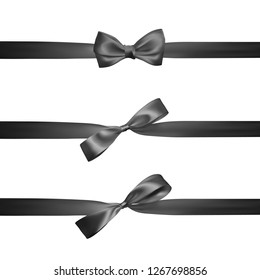 Realistic black bow with horizontal black ribbons isolated on white. Element for decoration gifts, greetings, holidays. Vector illustration.