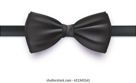 Realistic black bow tie, vector illustration, isolated on white background. Elegant silk neck bow.