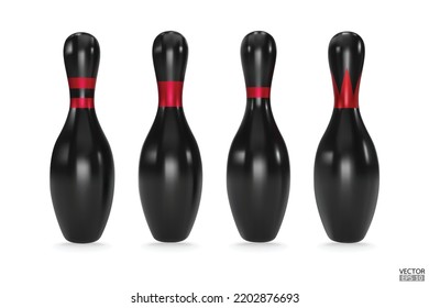 Realistic black bowling pins with red stripes isolated on white background. Black Bowling icon. 3D vector illustration.