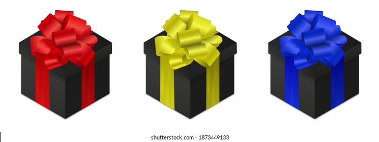 Realistic black box with beautiful red,yellow,blue bow and ribbons and shadows.Closed box. Present. Gift box. Happy birthday, New Year, Xmas. 3D.Isometry. Stock vector illustration on white isolated.