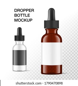 Realistic black and brown glass dropper bottle mockups. Vector illustration isolated on white background.  Сan be used for cosmetic, medical and other needs. EPS10. 