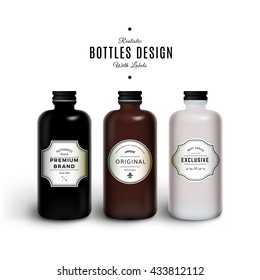 Realistic Black, Brown and White Vector Bottles with Vintage Labels. Product Packaging Design. Plastic Container Mock Up.