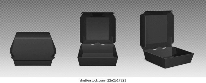 Realistic black burger box isolated mockup. Vector 3d closeup asian food package set. Open paper container for lunch take out. Disposable breakfast wrapper for american cousine snack, front angle view