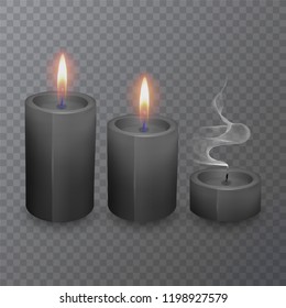 Realistic black candles, Burning candles and extinguished candles on dark background, vector illustration