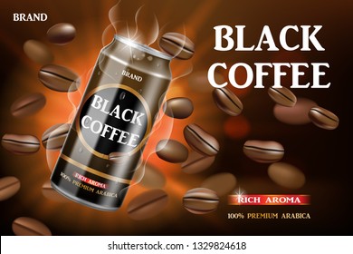 Realistic black canned coffee with beans swirling around. Product coffee drink design with bokeh background. Vector 3d illustration