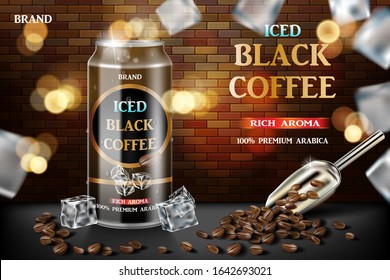 Realistic black canned coffee with beans and ice cubes in 3d illustration. Product coffee drink design with brick background. Vector