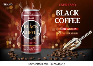 Realistic black canned espresso coffee with beans in 3d illustration. Product coffee drink design with bokeh background. Vector