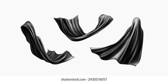 Realistic black cape cloak of superhero in different positions floating in air under wind. Vector set of fabric costume mantle or silk scarf flying. Windblown dark curtain or drapery with wrinkles.