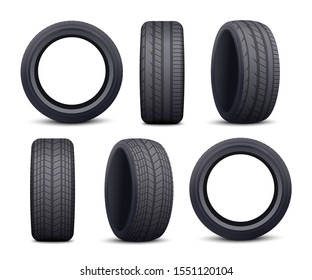 Realistic black car tire set isolated on white background - front and side view of auto wheel protector with different patterns and angles. Vector illustration.