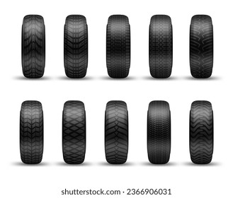 Realistic black car tire set isolated on white, auto wheel protector with different pattern. Vector illustration or vehicle tyre, traction tread and auto transport disks, modern rubber tires set