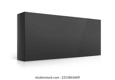 Realistic black cardboard box mockup. Half side view. Vector illustration isolated on white background. Can be use for food, medicine, cosmetic, sport and other. Ready for your design. EPS10.	