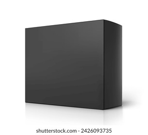 Realistic black cardboard box mockup. Vector illustration isolated on white background. Half side view. Can be use for food, cosmetic, pharmacy, sport and etc. Ready for your design. EPS10.