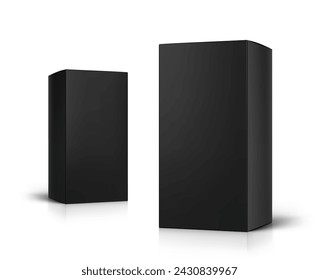 Realistic black cardboard box mockup. Vector illustration isolated on white background. Half side view. Can be use for food, cosmetic, pharmacy, sport and etc. Ready for your design. EPS10.