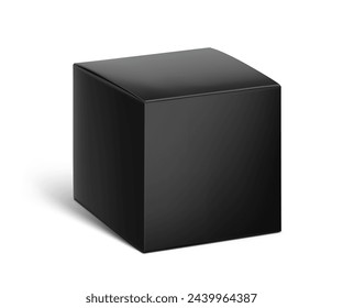 Realistic black cardboard box mockup. Vector illustration isolated on white background. Half side view. Can be use for food, cosmetic, pharmacy, sport and etc. Ready for your design. EPS10.