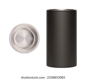 Tubo de artesanía de cartón negro realista con tapa de plata aislada en blanco. Vista superior de la tapa. Embalaje de regalos y recuerdos para productos - té, café, perfumería, franqueo. Mockup vectorial de tubo de papel.