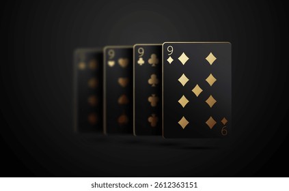 Realistic black cards vector design of four nines on black background. Playing poker or baccarat. Set of four of a kind nines black playing cards with gold suits for casino themes, gambling concepts