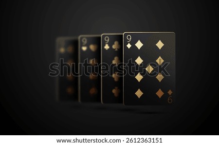 Realistic black cards vector design of four nines on black background. Playing poker or baccarat. Set of four of a kind nines black playing cards with gold suits for casino themes, gambling concepts