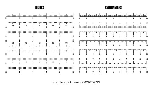 Realistic black centimeter and inch scale for measuring length or height. Various measurement scales with divisions. Ruler, tape measure marks, size indicators. Vector illustration