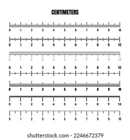 Realistic black centimeter scale for measuring length or height. Various measurement scales with divisions. Ruler, tape measure marks, size indicators. Vector illustration