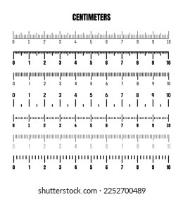 Realistic black centimeter scale for measuring length or height. Various measurement scales with divisions. Ruler, tape measure marks, size indicators. Vector illustration