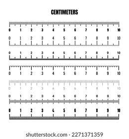 Realistic black centimeter scale for measuring length or height. Various measurement scales with divisions. Ruler, tape measure marks, size indicators. Vector illustration