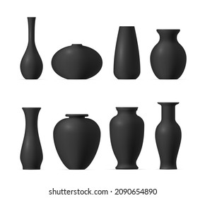Realistic black ceramic vases set vector illustration. Modern and vintage clay pottery for interior decorative design isolated on white. Classic antique vessel home decoration craft culture jug