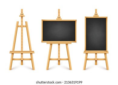 Realistic Black Chalkboard On Wooden Easel. Blank Blackboard In Wooden Frame On A Tripod. Presentation Board, Writing Surface For Text, Drawing. Online Studying, Learning Mockup. Vector Illustration