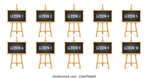 Realistic black chalkboard on wooden easel. Blackboard in wooden frame on a tripod. Presentation board with text, writing or drawing surface. Online studying, learning mockup. Vector illustration