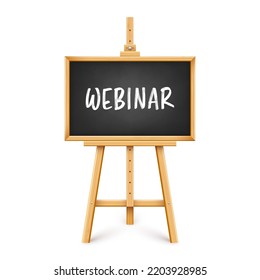 Realistic black chalkboard on wooden easel. Blackboard in wooden frame on a tripod. Presentation board with text, writing or drawing surface. Online studying, learning mockup. Vector illustration