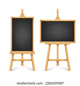 Realistic black chalkboard on wooden easel. Blank blackboard in wooden frame on a tripod. Presentation board, writing surface for text, drawing. Online studying, learning mockup. Vector illustration