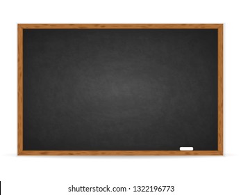 Realistic black chalkboard with wooden frame isolated on white background. Rubbed out dirty chalkboard. Empty school chalkboard for classroom or restaurant menu. Vector template blackboard for design