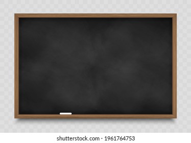 Realistic black chalkboard in wooden frame. Wiped dirty blackboard. Blank clasroom board with chalk piece. Space for advertising text and restaurant menu. Vector illustration.