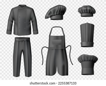 Realistic black chef uniform. Professional blank clothes, cook work wear, restaurant staff apron, trousers and jacket, different hats, costumes for cafe, 3d isolated elements, utter vector set