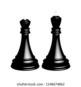 A realistic black chess king and a black chess queen. Isolated on white background.