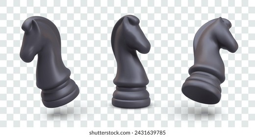 Realistic black chess knight in different positions. Set of isolated vector objects
