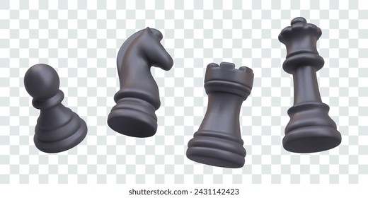 Realistic black chess pieces in floating position. Set of isolated vector elements