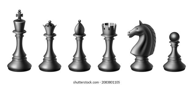 Piezas de ajedrez negras realistas. El rey, el obispo de la reina y el caballo de peones rook. Figuras negras de ajedrez para juego de mesa. Símbolo de la actividad de ocio intelectual. Objetos de ajedrez en 3d. Ilustración del vector