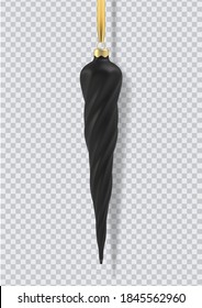 Realistic black Christmas tree toy in the form of a icicle, spiral. 3D Illustration object for christmas design, mockup. Vector isolated on a transparent background.