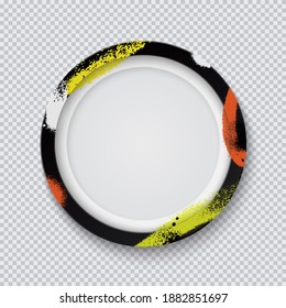 Realistic black circle photo frame painted with graffiti paint on a transparent background. Vector illustration.