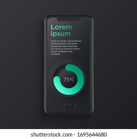 Realistic black clay style smartphone illustration with User Interface elements. Template for presentation of UI design interface or infographics. Vector cellphone mockup for UX design concept.