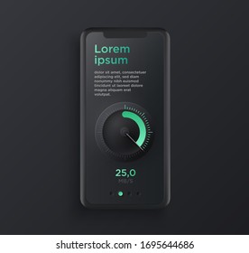 Realistic black clay style smartphone illustration with speedometer. Template for presentation of UI design interface or infographics. Vector cellphone mockup for UX design concept.