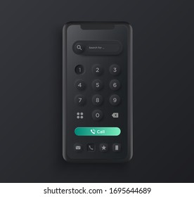 Realistic black clay style smartphone illustration with dial pad elements. Template for presentation of UI design interface or infographics. Vector cellphone mockup for UX design concept.