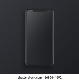 Realistic black clay style smartphone illustration with blank screen. Template for presentation of UI design interface or infographics. Vector cellphone mockup for UX design concept.