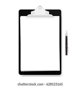 Realistic black clipboard with white empty page and pen isolated on white background. Vector illustration.
