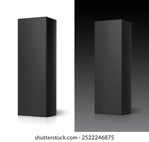 Realistic black closed paperboard box mockup. Vector illustration isolated on white and on black gradient background. Taking your 2D designs into 3D. Can be use for medicine, food, cosmetic. EPS10.