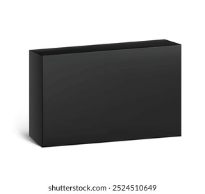 Realistic black closed paperboard box mockup. Vector illustration isolated on white background. Taking your 2D designs into 3D. Can be use for medicine, food, cosmetic and other. EPS10.