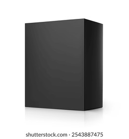 Realistic black closed paperboard box mockup. Vector illustration isolated on white background. Taking your 2D designs into 3D. Can be use for medicine, food, cosmetic and other. EPS10.	