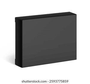 Realistic black closed paperboard box mockup. Half side view.Vector illustration isolated on white background. Taking your 2D designs into 3D. Can be use for medicine, food, cosmetic and other. EPS10.